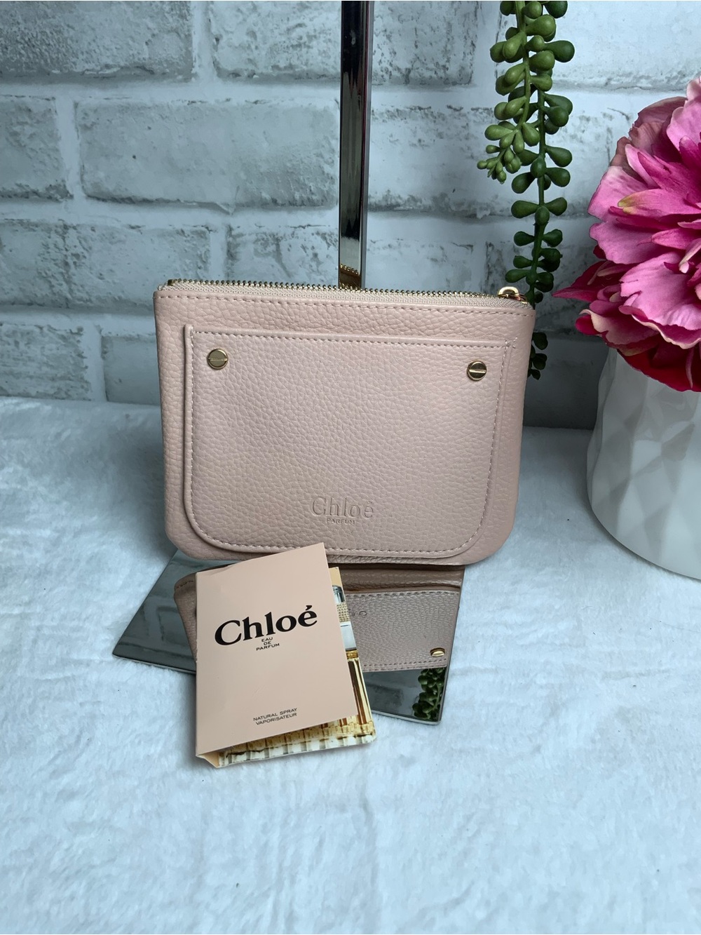 Chloé Blush Pink Mini Leather Zip Pouch with Front Pocket